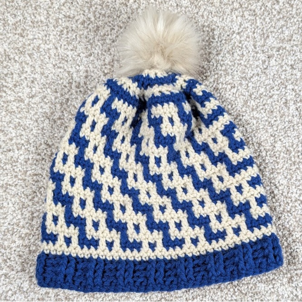 Hand Crocheted Blue Cream Geometric Pom Pom Beanie Hat Women